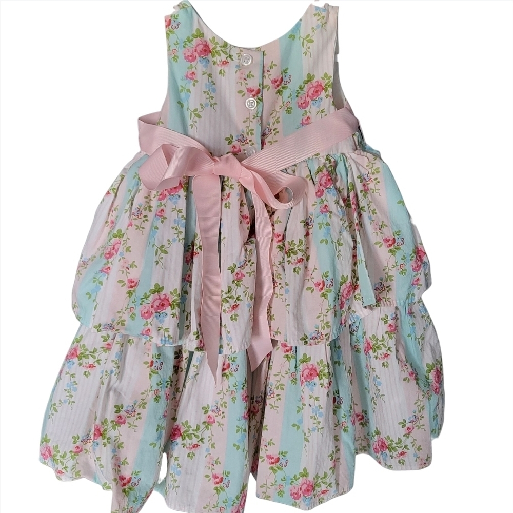Laura Ashley London 2013 Floral Shabby Chic Dress Pink Ribbon Roses Blue 12M